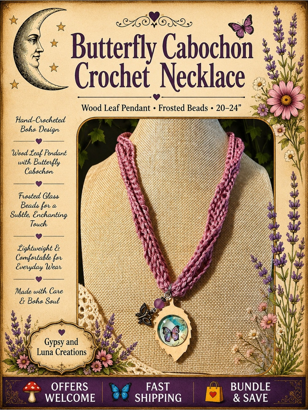 Handmade Butterfly Cabochon Crochet Necklace Wooden Leaf Boho 20–24”